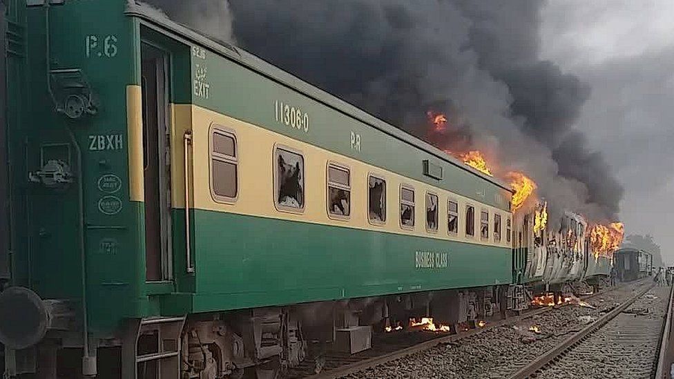Train burns near the town of Rahim Yar Khan in the south of Punjab province, Pakistan October 31, 2019