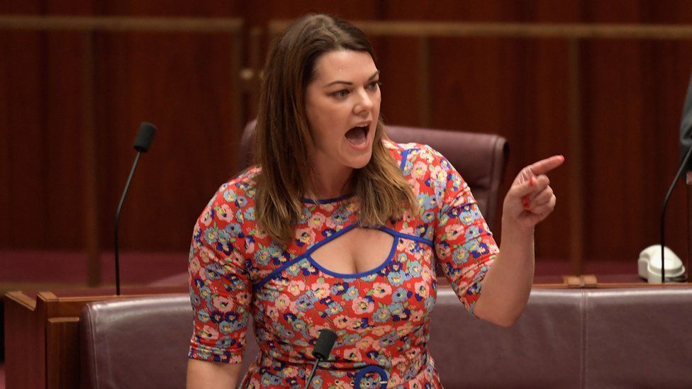 Sarah Hanson-Young speaks in the Senate, with her finger pointing sharply across the chamber