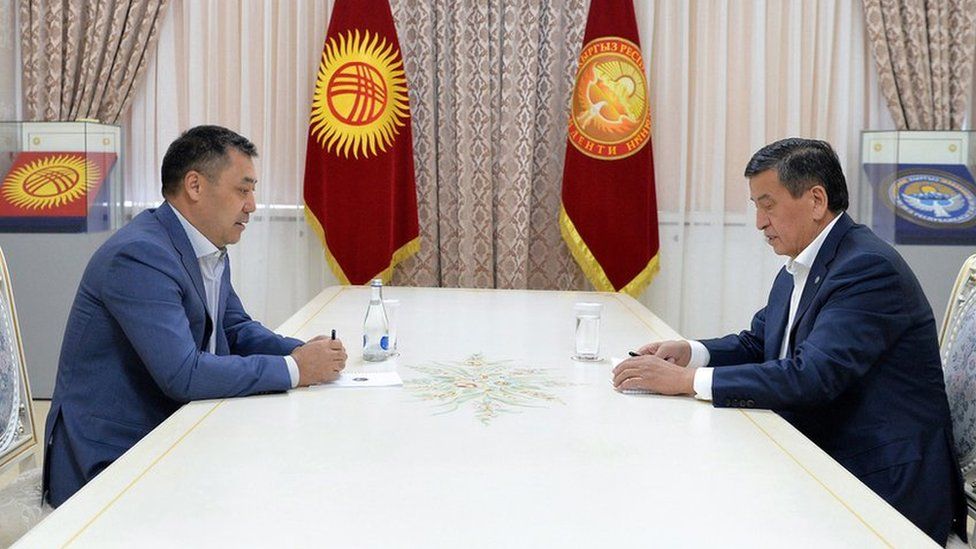 President Sooronbay Jeenbekov (right) and Sadyr Japarov (left)