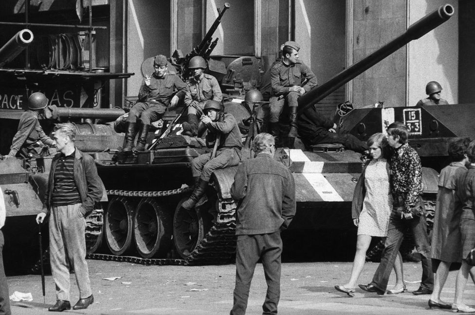 Soviet tanks on the streets of Prague, 21 Aug 68