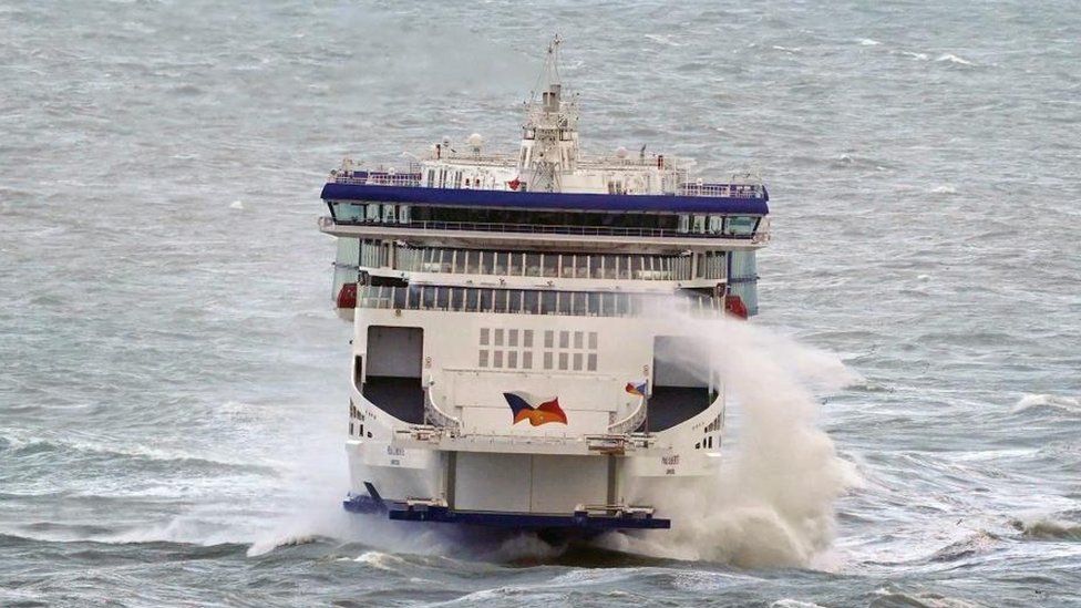 A ferry in rough seas off Dover