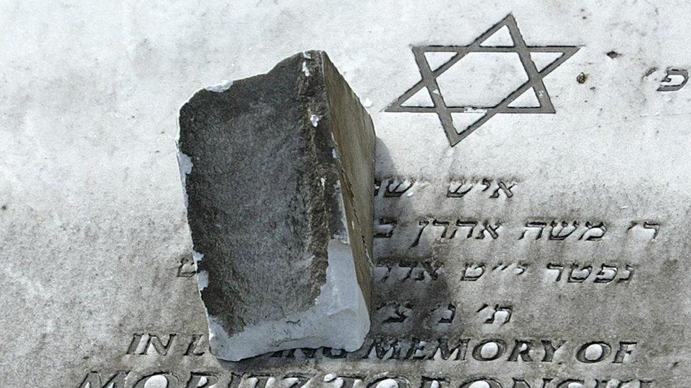 A damaged gravestone in Rainsough Jewish Cemetery in Prestwich