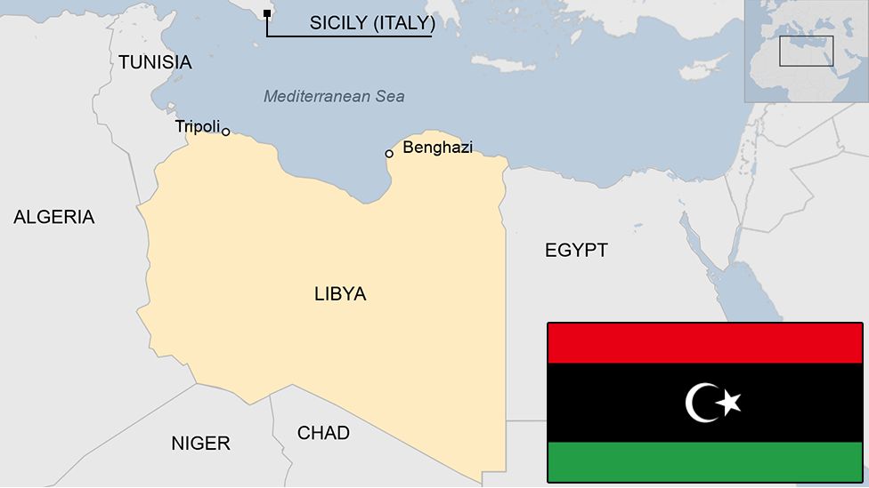 Map of Libya with pre-Gaddafi and post-Gaddafi era flag