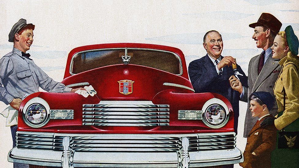 1950s advertising print of a car sale