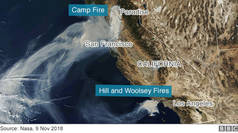 Satellite image of California showing where the north and south fires are