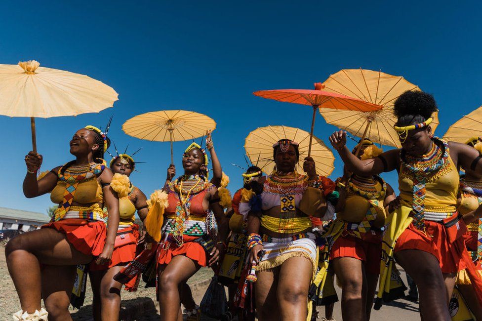 Traditional clad women sing and dance during the celebration of the coronation of their new King Misuzulu kaZwelithini