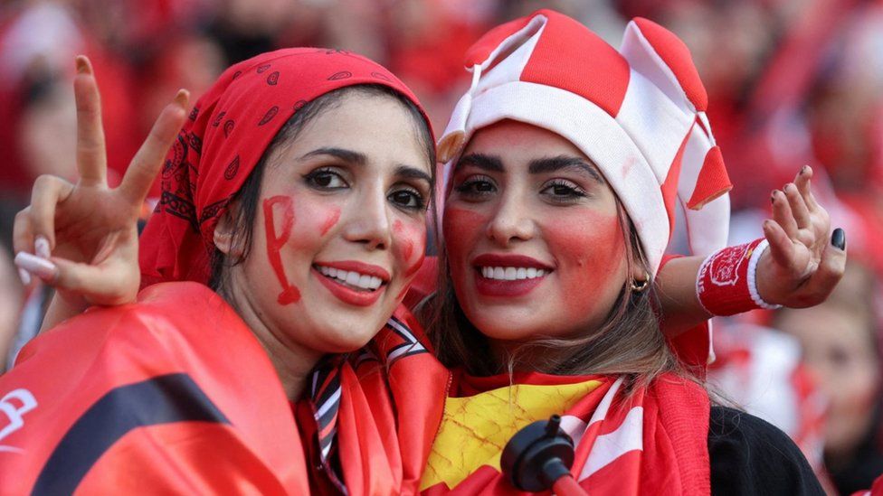 Iranian women soccer fans attend a match between Persepolis and Sanat Naft-e Abadan teams in Iran's Premier League at Azadi stadium in Tehran, Iran August 31, 2022
