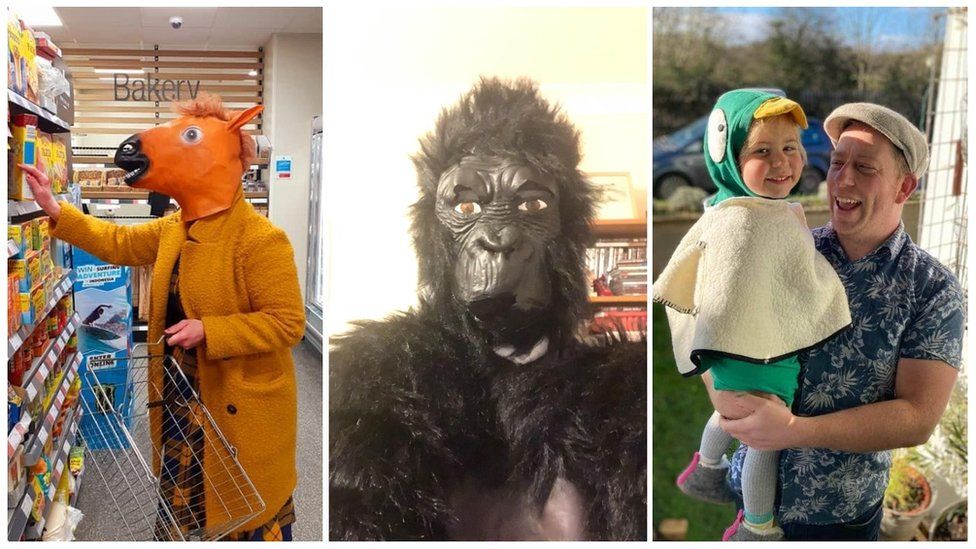 Three images showing a woman shopping in a horse outfit, a gorilla suit and a little girl dressed in a duck costume
