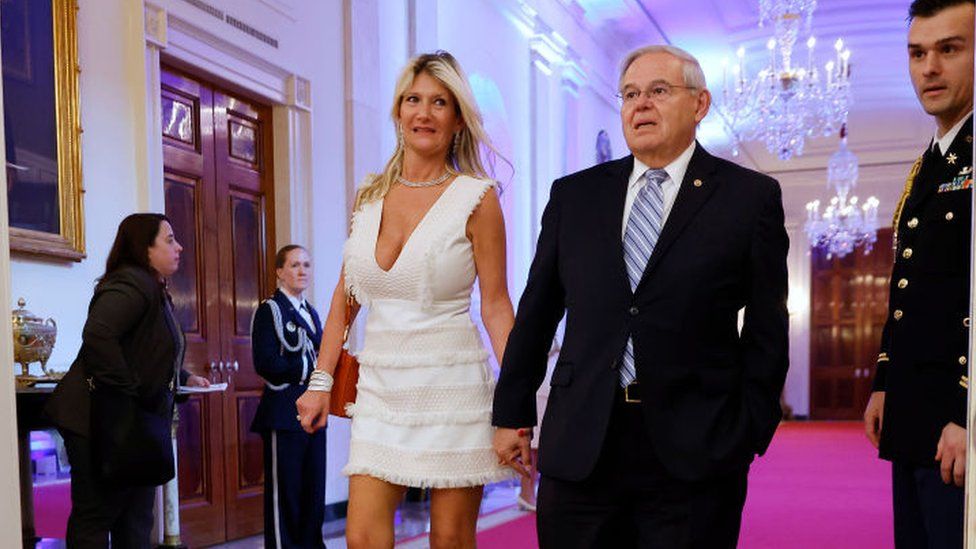 U.S. Senate Foreign Relations Committee Chairman Bob Menendez (D-NJ) and his wife Nadine Arslanian arrive for a reception