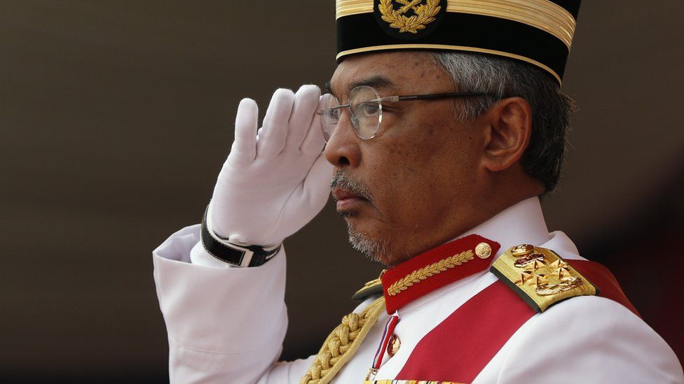 The King of Malaysia Sultan Abdullah Sultan Ahmad Shah salutes during the Trooping the Color ceremony, held in conjunction with the national day of celebration of the Malaysian King"s birthday on 09 September; in Putrajaya, Malaysia, 12 September 2019