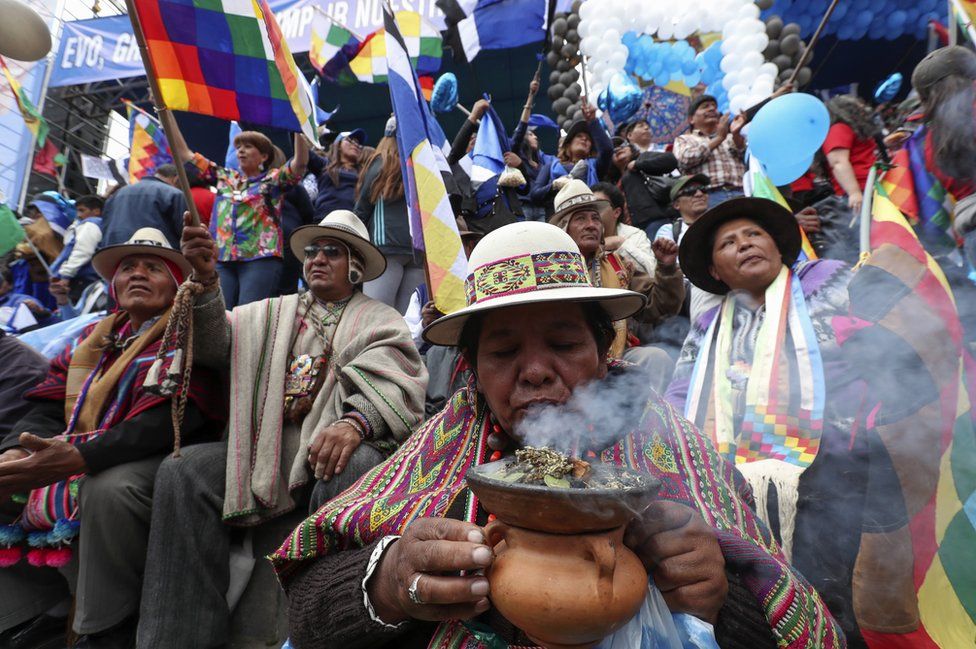 Aymara indigenous people demonstrate in favour of the President Evo Morales' candidacy.