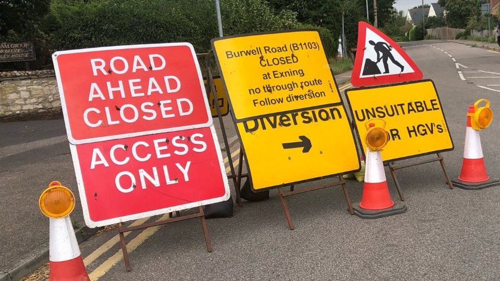 Road closure signs in Burwell, Cambridgeshire