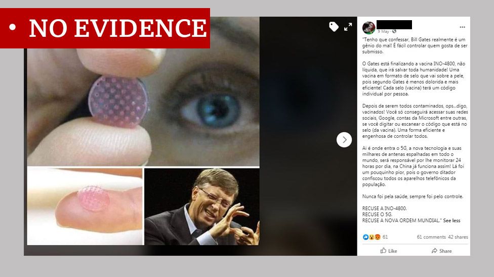 Post in Portuguese about a conspiracy involving Bill Gates and microchips. Labelled "no evidence"