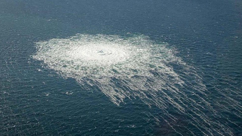 Gas bubbles from the Nord Stream 2 leak reaching surface of the Baltic Sea in the area shows a disturbance of well over one kilometre in diameter near Bornholm, Denmark, September 27, 2022