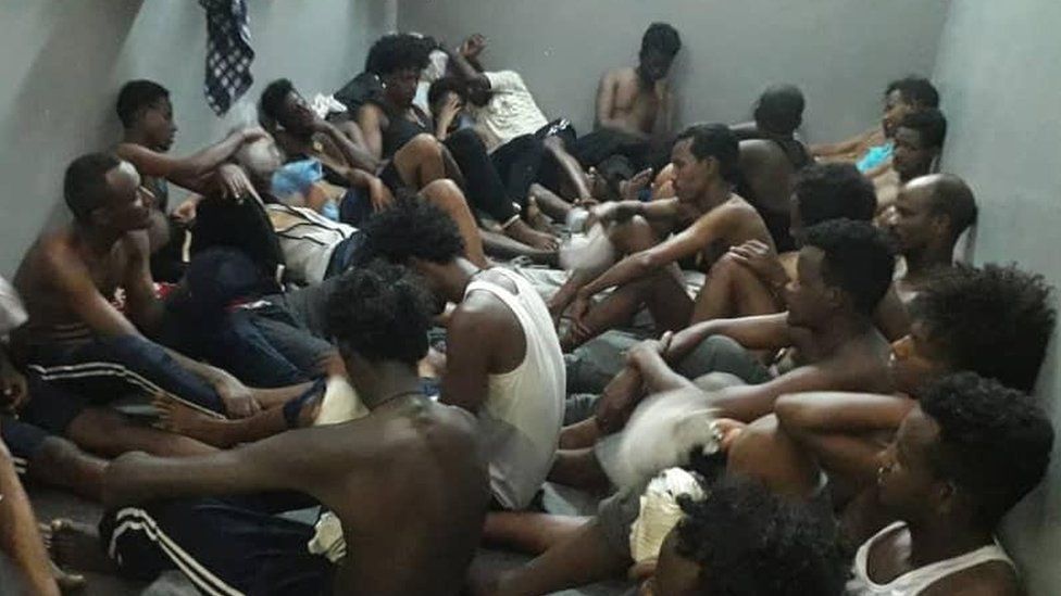 Migrants being held in a detention centre in Zintan, Libya