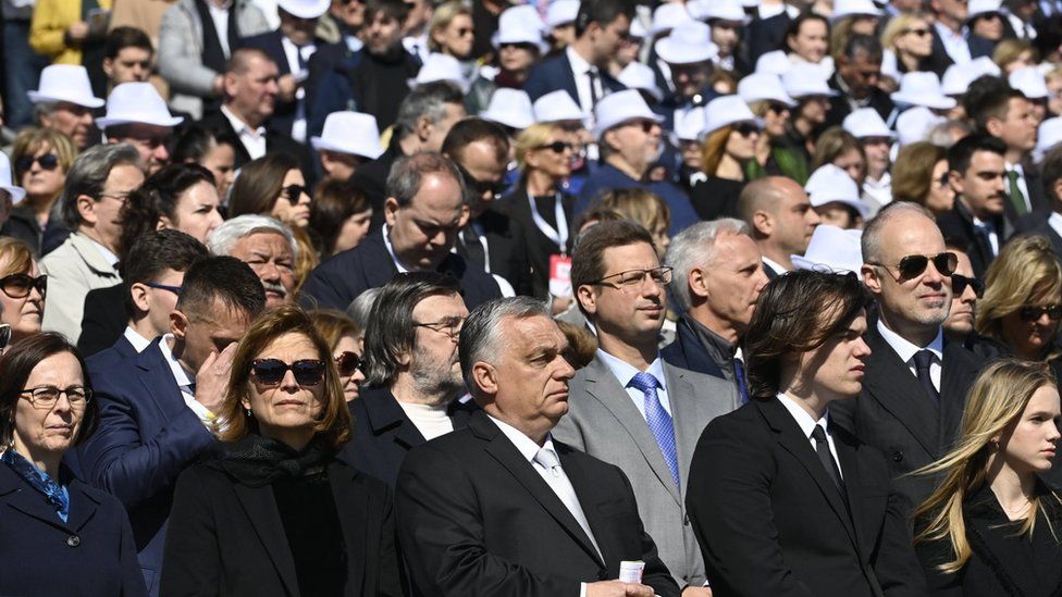 Hungarian Prime Minister Viktor Orban (front row, centre) listens to Pope Francis' mass in Budapest, Hungary. Photo: 30 April 2023