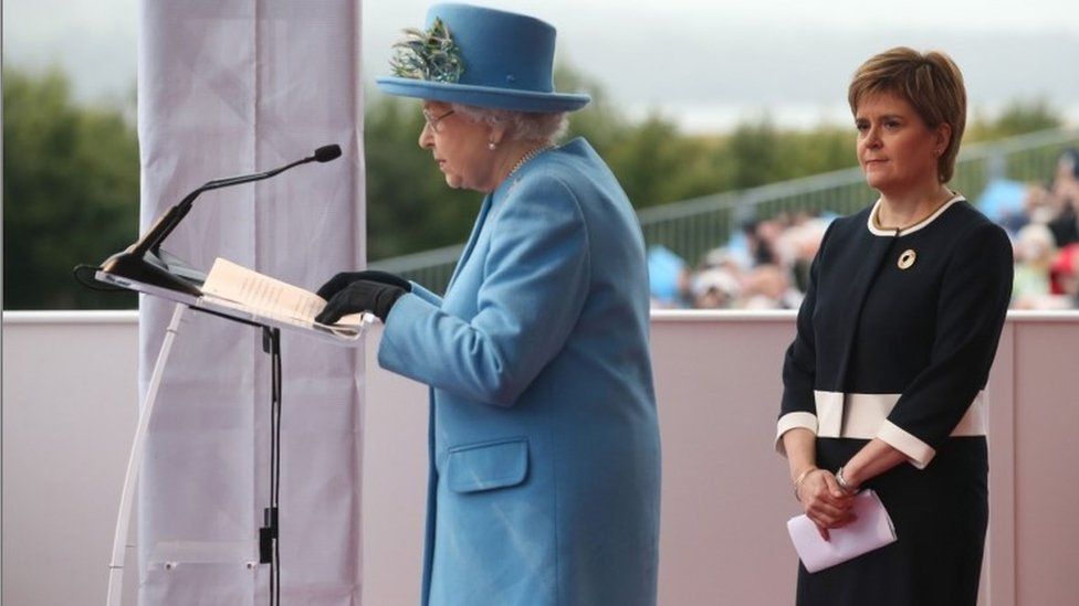 Queen Elizabeth II gives a speech while First Minister Nicola Sturgeon looks on