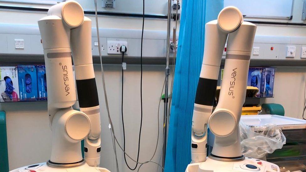 A pair of Versius surgical robots