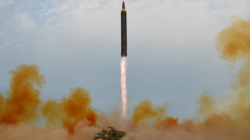 The launch of a Hwasong-12 missile in this undated photo released by North Korea's Korean Central News Agency (KCNA) on September 16, 2017.