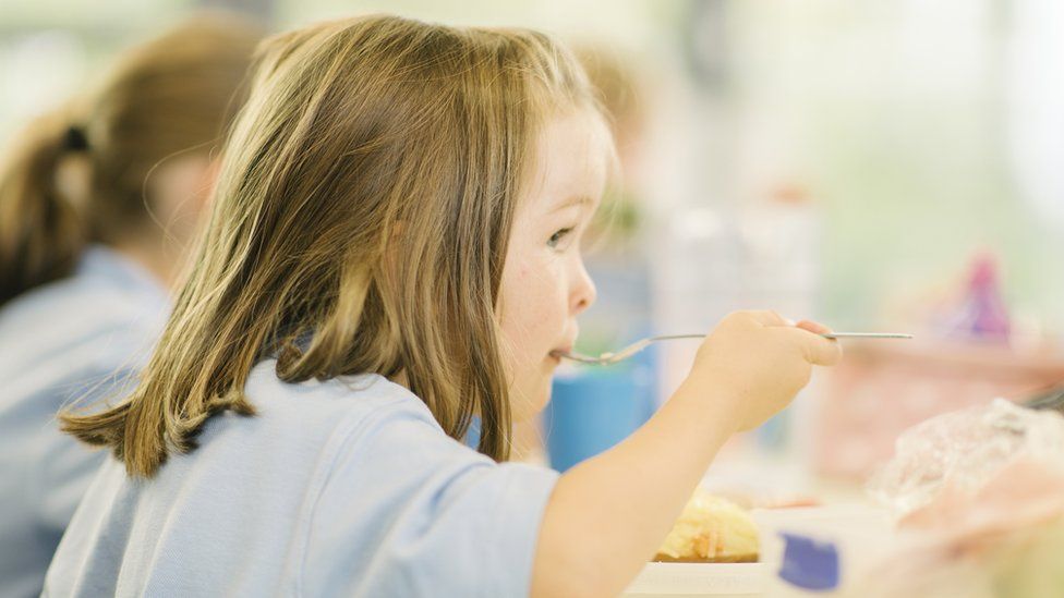 Girl eating school lunch