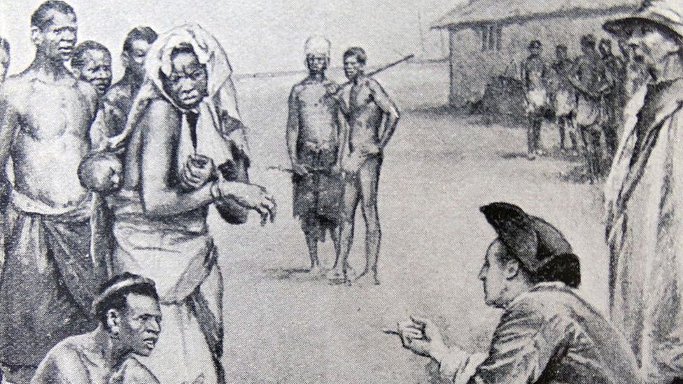 Engraving depicting slaves being sold for cowries in Africa