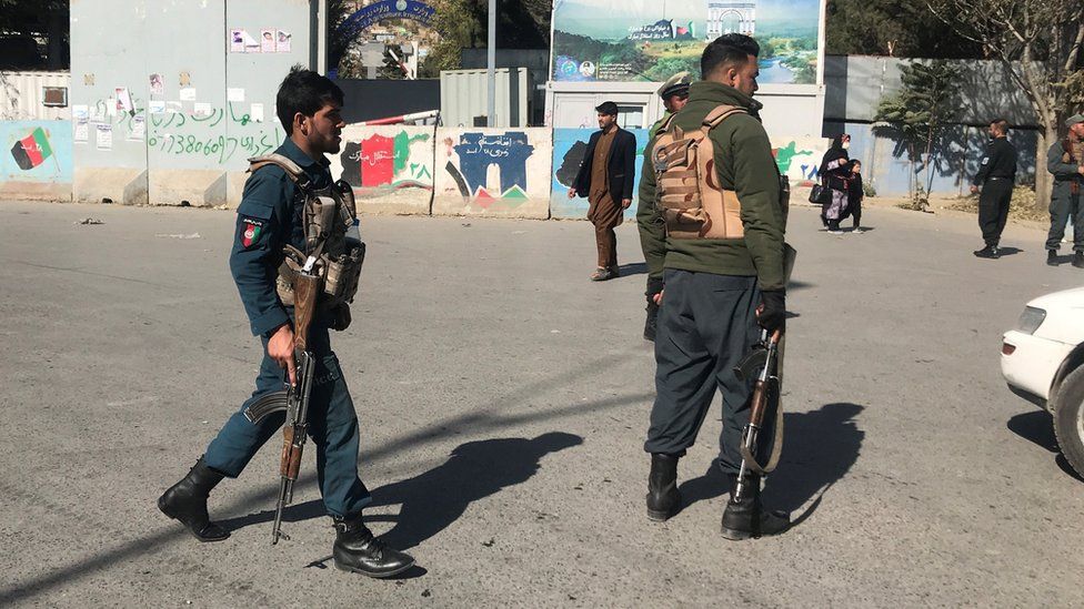 Afghan policemen keep watch near the site of an attack in Kabul, Afghanistan November 2, 2020. REUTERS/Omar Sobhani
