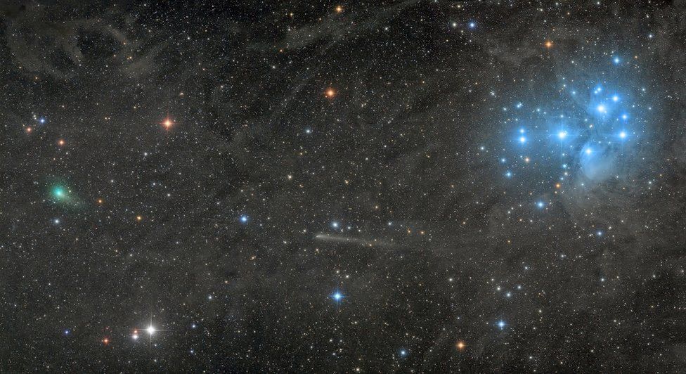 Two Comets with the Pleiades
