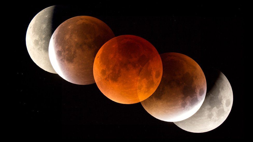 The Moon appears red in a lunar eclipse as sunlight is filtered through Earth's atmosphere (c) SPL