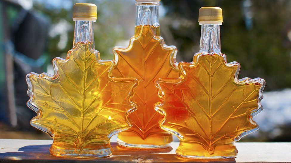 Bottles of Canadian maple syrup