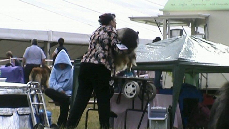 Linda Avery lifting her dog.