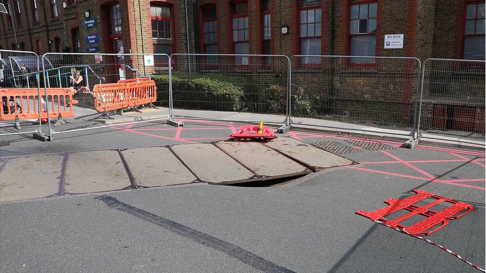 Sinkhole by entrance to Watford General Hospital