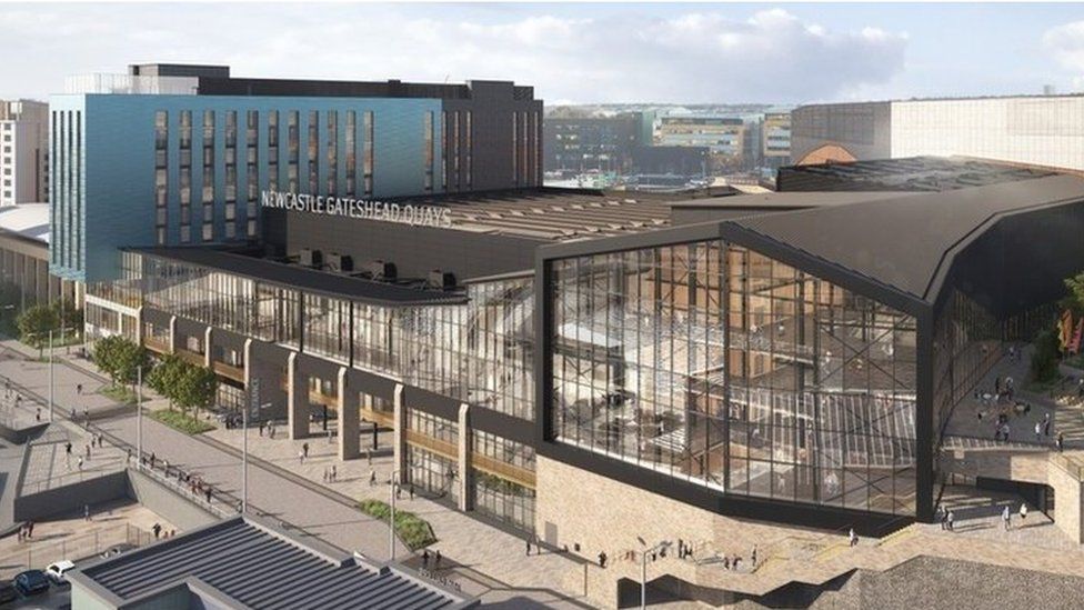 New plans for the Gateshead Quayside arena complex, with a redesigned hotel to the left of the development