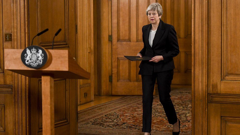 British Prime Minister Theresa May arrives to make a statement inside number 10 Downing Street