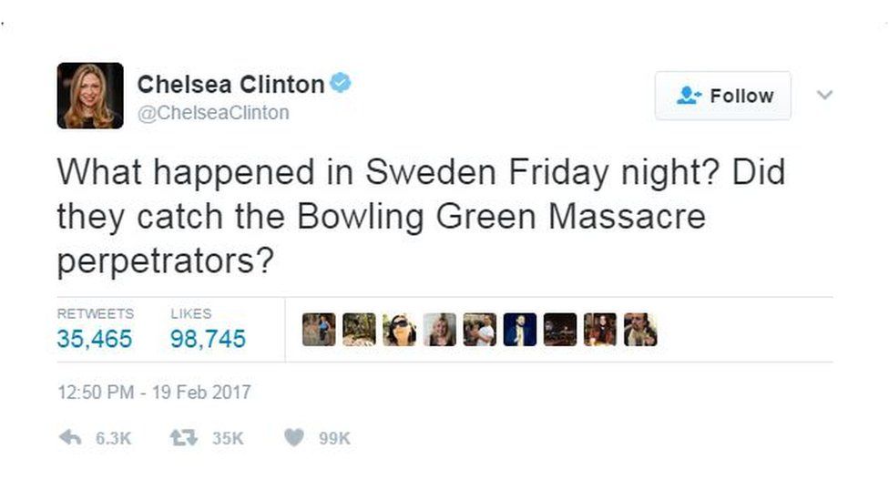 Chelsea Clinton tweets "What happened in Sweden Friday night? Did they catch the Bowling Green Massacre perpetrators?"