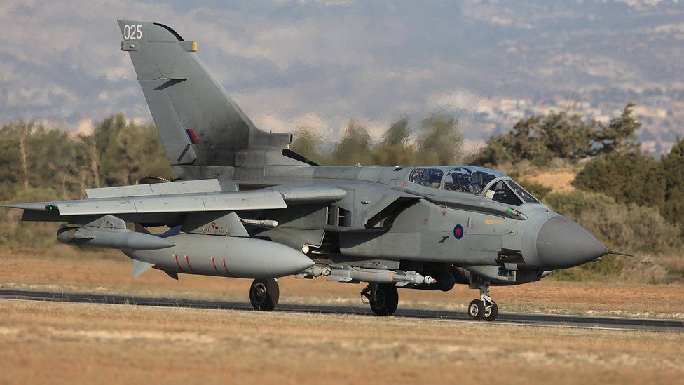 An RAF Tornado returns to RAF Akrotiri, Cyprus in 2015 on first sortie following the decision by the UK government to approve air strikes in Syria. The RAF sent two further Tornado aircraft and six Typhoons to bolster aircraft flying sorties to both Iraq and Syria.