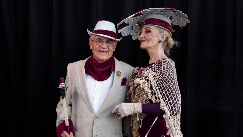 Mike Wheeler (L) and Win Wheeler pose for a portrait during the 2018 edition of the Vodacom Durban July horse races in Durban, on 7 July 2018.