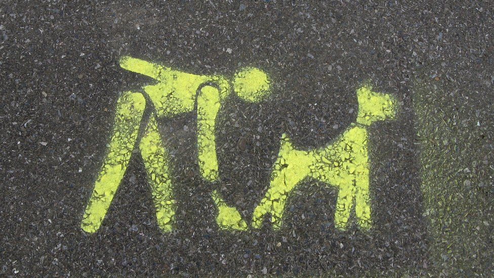 Stencil in yellow on tarmac of person picking up dog poo