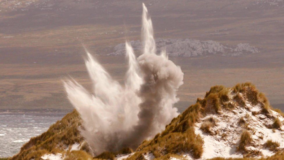 Mine being destroyed near Stanley, Falklands