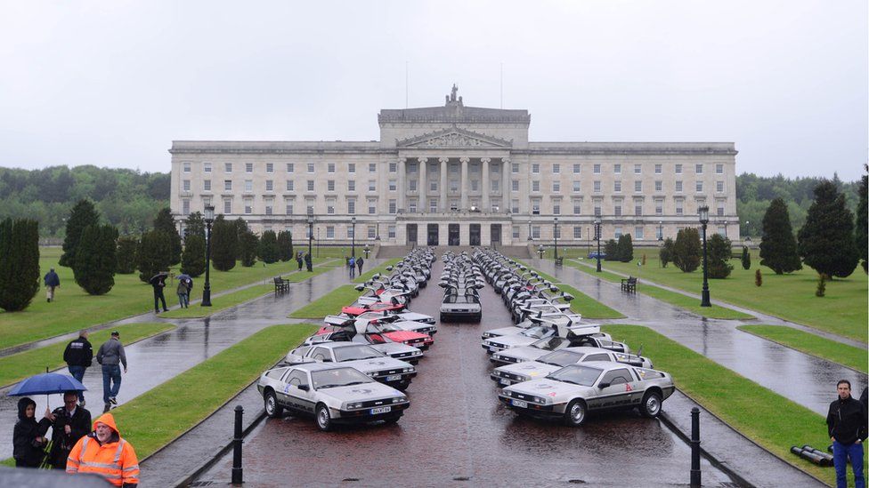 DeLoreans in front of Stormont
