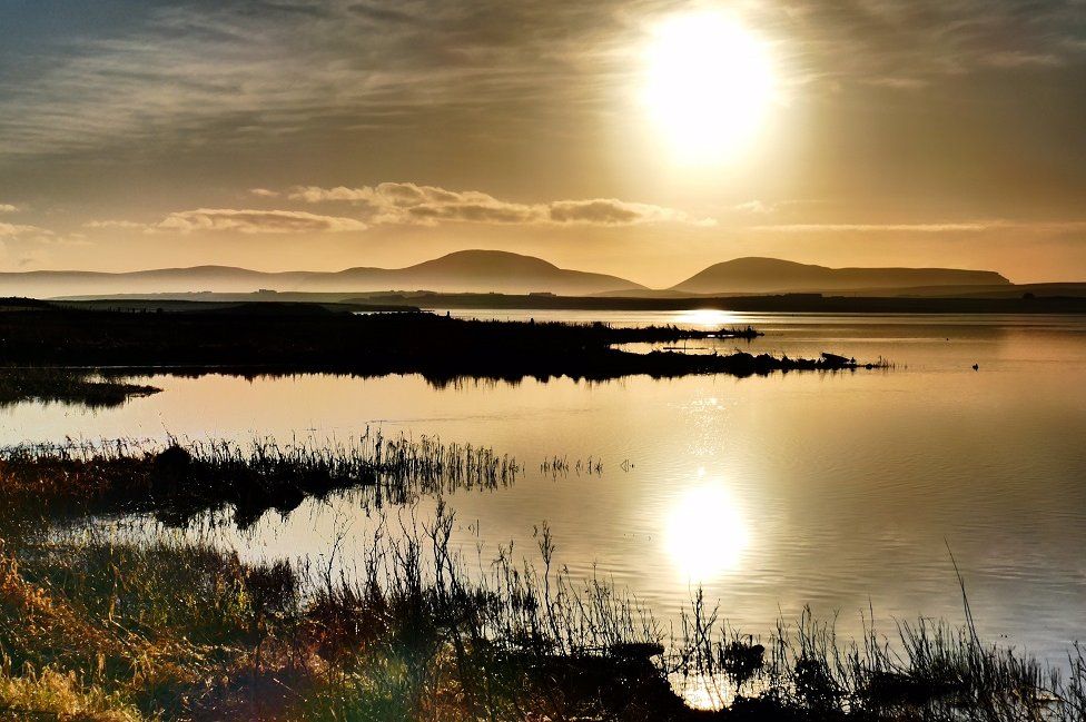 Glorious Sunset of the Hoy Hills today taken from Harray Loch, Orkney