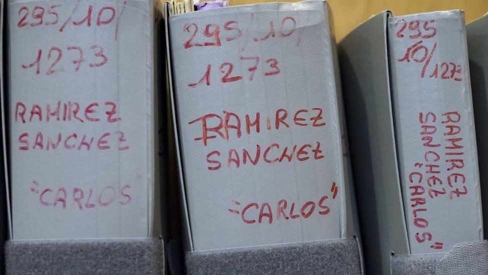 Folders and case files are displayed before the start of the trial of Ilich Ramirez Sanchez, also known as "Carlos the Jackal" , at the Palais de Justice courthouse, in Paris (13 March 2017)