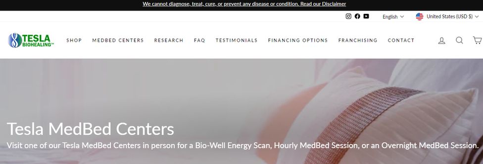 Веб-сайт Tesla BioHealing содержит заявление об отказе от ответственности в самом верху страницы