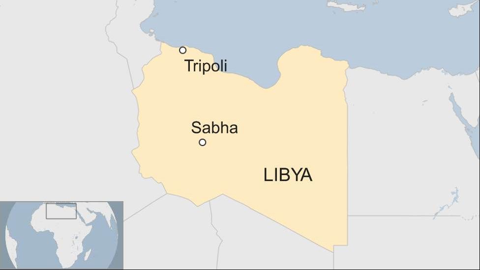 A map of Libya highlighting the cities of Sabha and Tripoli
