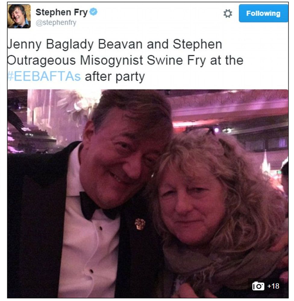 Stephen Fry and Jenny Beavan pictured at the Bafta afterparty