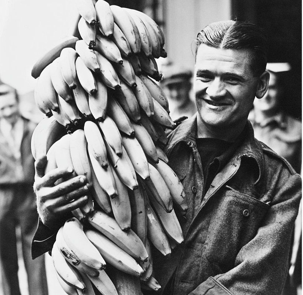 A dock worker helping to unload a cargo of bananas at West India Dock, London, 12th July 1946. Two 'banana specials', the SS Jamaica Producer and the SS Banaderos, have just arrived at the dock, and the fruit is to be distributed throughout England. The cargos will help to ease shortages brought about by World War II. (Photo by Fox Photos/Hulton Archive/Getty Images)