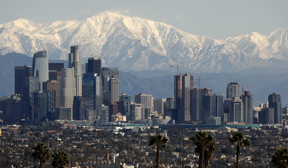 The San Gabriel mountains - a snowy backdrop to downtown LA on 6 February