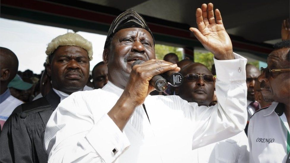 Raila Odinga delivers a speech after "taking an oath" during the "swearing-in" ceremony in Nairobi, Kenya, 30 January 2018.