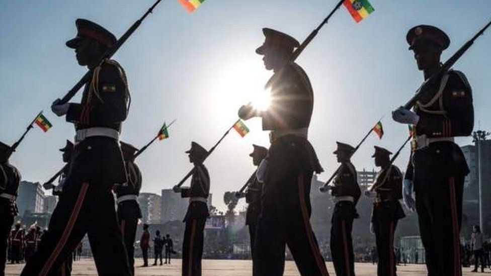Ethiopian men marching in uniform