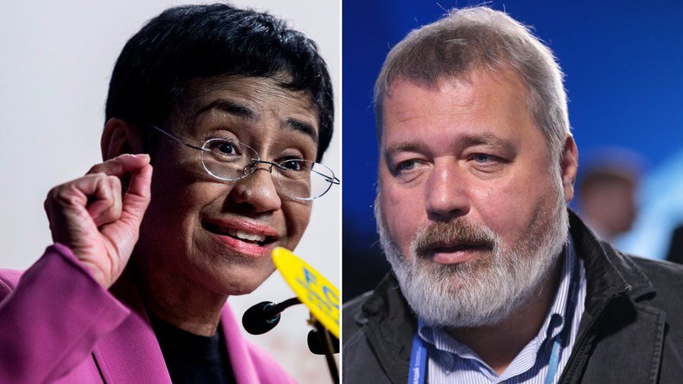 Journalists Maria Ressa, from the Philippines, and Dmitry Muratov, from Russia
