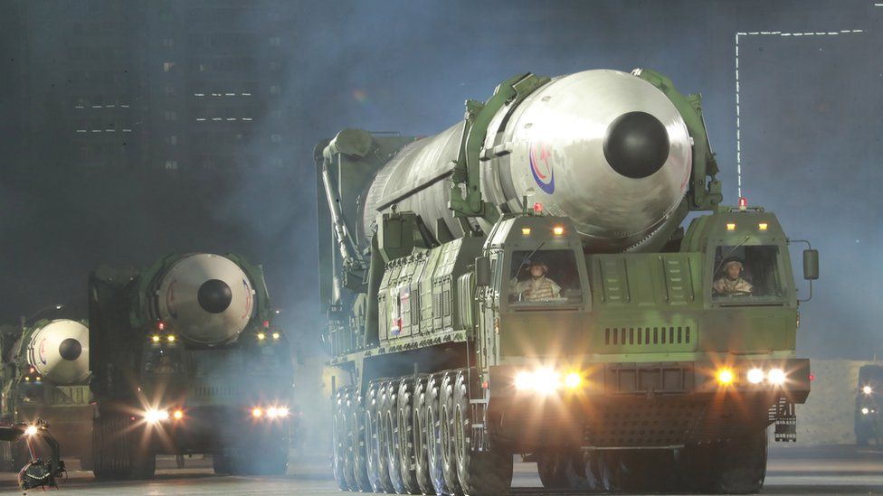 A photo released by the official North Korean Central News Agency (KCNA) shows a new Hwasong-17 missile displayed in a military parade held to celebrate the the 90th founding anniversary of the Korean People"s Revolutionary Army (KPRA), at Kim Il Sung Square in Pyongyang, North Korea, 25 April 2022 (issued 26 April 2022).